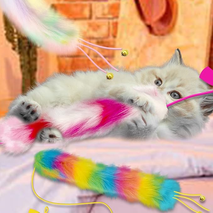 3 Pack Cat Wand Toy, Rainbow Cat Feather Toys with Bells, Teaser Wand with Soft Furry Tail, Interactive Toys for Indoor Cats & Kitten & Kitty-Mewly Pet