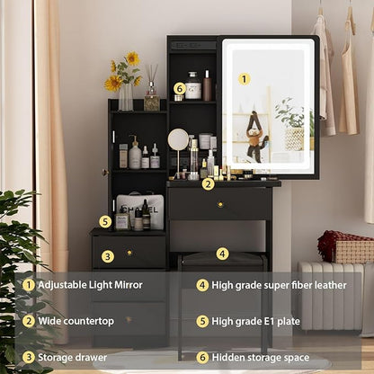 FAMAPY Vanity Mirror with Lights Desk and Chair, Vanity Desk with Sliding Lighted Mirror, Makeup Vanity with Lights, Drawers & Crystal Handles, Cushion Stool, Black