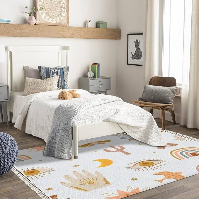 Boho Rug Kids Boho Eye Rainbow Hand Cactus Moon Star Sun Scandinavian Chic Area Rug Hallway Runner Rug Meditation Mat Minimalist Home Decor Bedroom Nursery Playroom Classroom, 4'x6