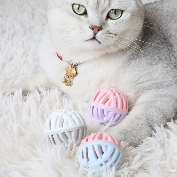 Rubber Cat Toy Balls with Inside Bell, Soft TPR Interactive Cat Ball Toys for Puppy Dogs and Kittens, Colorful Hollow Teeth Grinding Ball Interactive Sound Toy for Indoor Cats, 3 Pcs-Mewly Pet