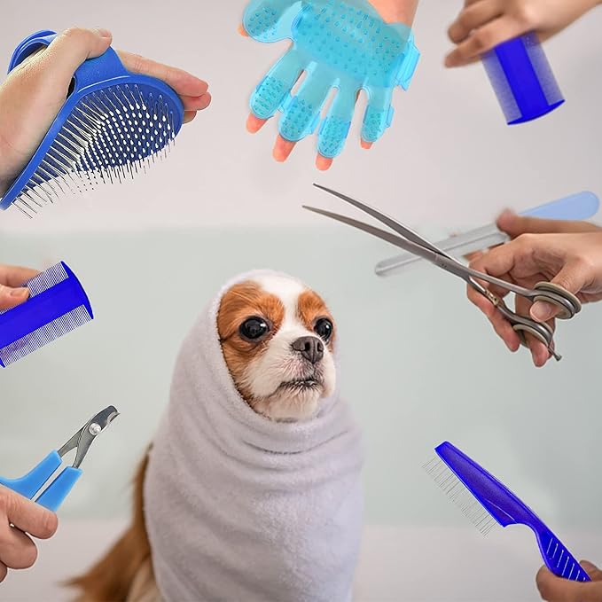 7-Piece Small Pet Grooming Kit with Brush, Nail Clippers, and Adjustable Strap for Rabbits, Hamsters, Guinea Pigs (Blue)-Mewly Pet