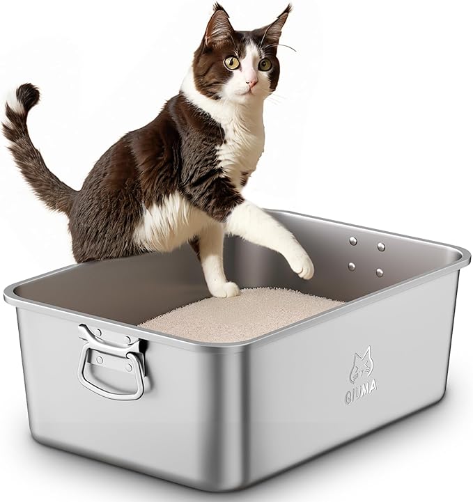 Stainless Steel Litter Box with Handle, Large Metal Cat Litter Box with High Sided for Big and Small Cats, Kitty Litter Boxes, Non-Stick, Easy to Clean, Odor-Free, Cat Toilet，Litterbox-Mewly Pet