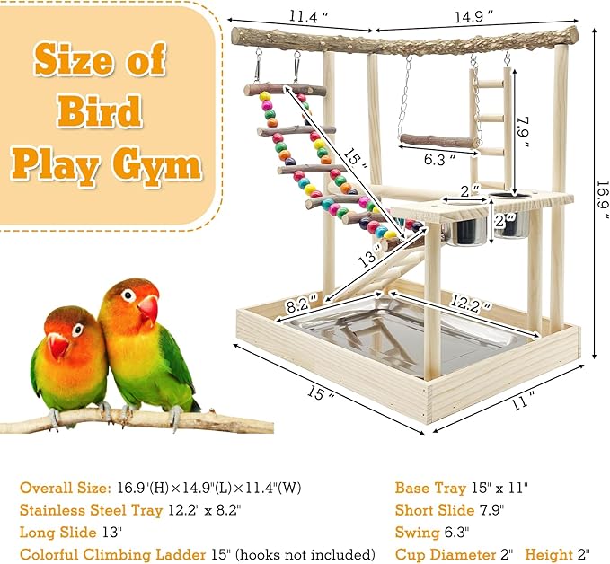 Hamiledyi Bird Playground Parrots Wood Perch Stand Cockatiel Playground Bird Play Gym Colours Climb Ladders Swing Chewing Toys with Parakeet Feeding Cups Exercise Activity Center for Lovebirds Conure-Mewly Pet