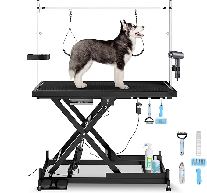 Electric Pet Grooming Table for Large Dogs - Professional Heavy Duty Height Adjustable Pet Grooming Station with Anti Slip Tabletop, Two Nooses & Tool Organizer, Maximum Capacity Up to 250 lbs Black-Mewly Pet