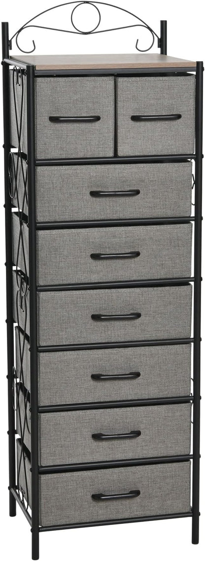 Household Essentials Victoria Dresser Tower Storage Organizer with 8 Drawers Black Metal Frame and Ashwood Rustic Wood Grain Top