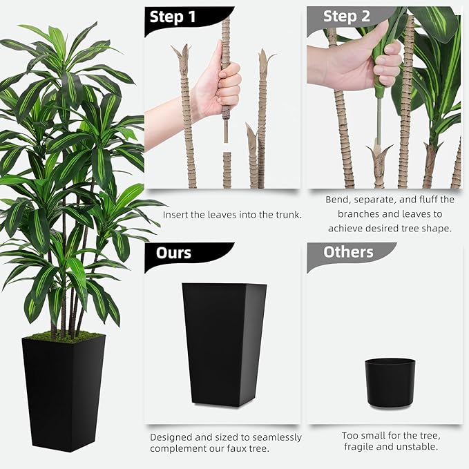Artificial Dracaena Tree 6FT - Faux Tree with Gray Tall Planter - Fake Tropical Yucca Floor Plant in Pot - Artificial Silk Tree for Home Office Living Room Decor Indoor