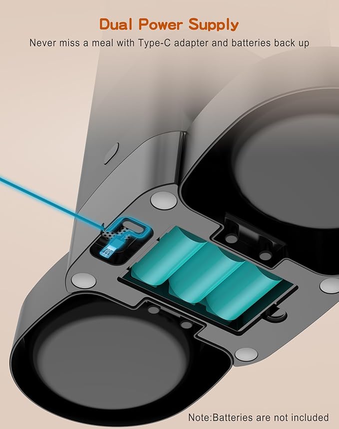 HoneyGuaridan 3.5L Automatic Cat Feeder for Two Cats, Food Dispenser with Stainless Steel Bowl,Timed Cat Feeder Programmable 1-6 Meals Control, Dual Power Supply,10s Meal Call Black-Mewly Pet