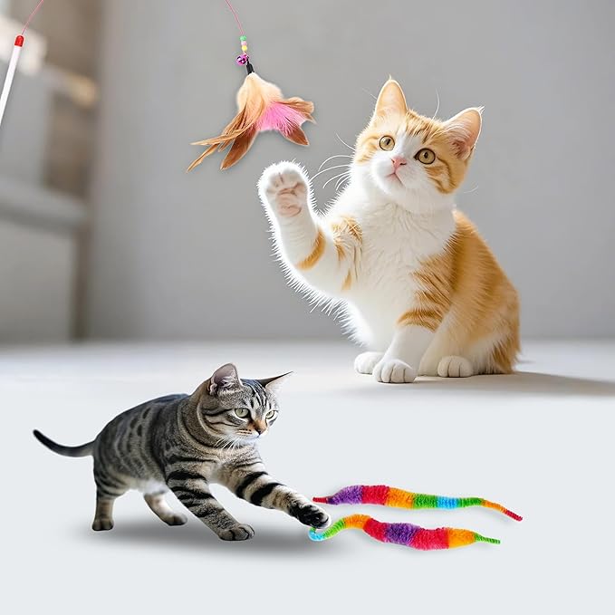 21-Piece Cat Toys Set, Interactive Tunnel, Balls, Mice, Feather Wands, Catnip Toys(Rainbow Cat Tunnel)-Mewly Pet