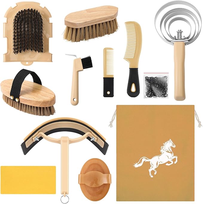Abbylike 12 Pieces Horse Grooming Kit Racing Festival Tack Room Supplies Horse Brush Sets Equine Care Cleaning Kit Shedding Grooming Massaging Tools(Khaki)-Mewly Pet