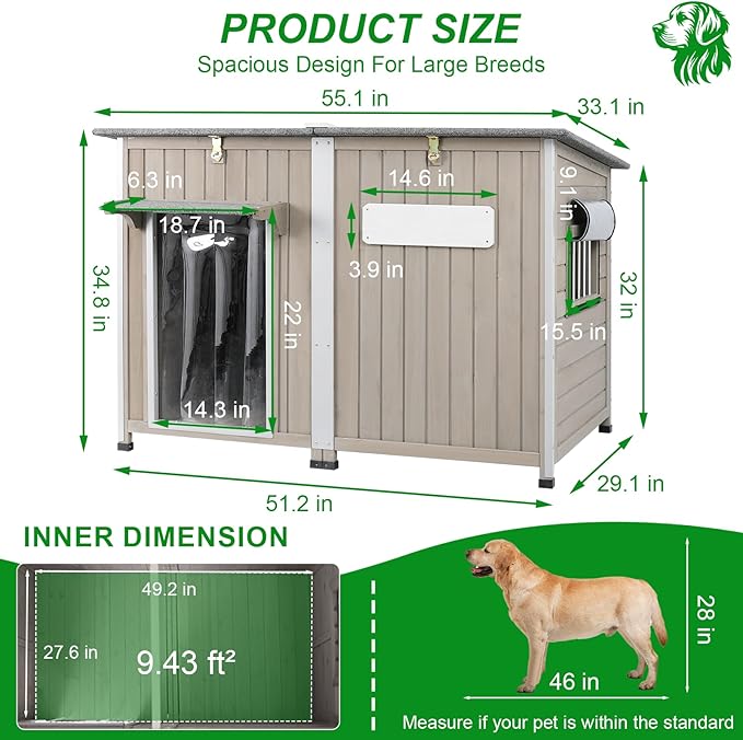 Dog House Outdoor Weatherproof & Wooden Dog Kennel with Chew-Proof Iron Frame，Removable Floor, Adjustable Vent Window, Easy Assembly for Large and Extra-Large Dogs 55.1" D x 33.1" W x 34.8" H-Mewly Pet