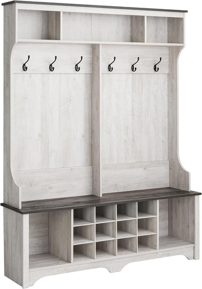 Prepac Farmhouse Washed White Hall Tree, Shoe Cabinet, Storage Cabinet with 12 Shoe Cubbies, 2 Boot Cubbies and 6 Double Coat Hooks 15.5" D x 60" W x 77" H