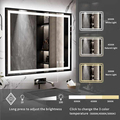 LED Mirror, 40x32 Inch Black Framed Gradient Front and Backlit Bathroom Mirror with Lights, 3 Colors Dimmable CRI>90, IP54 Enhanced Anti-Fog Wall Mounted LED Bathroom Mirror