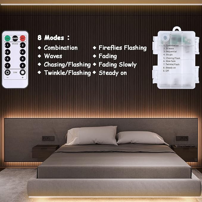 echosari Battery Powered Led Strip Lights with Remote Warm White, 8 Modes, Dimmable, Timer, Self-Adhesive, Cuttable, Waterproof, 9.8FT 90Led Strip Lights for TV Kitchen Cupboard Bedroom Decor