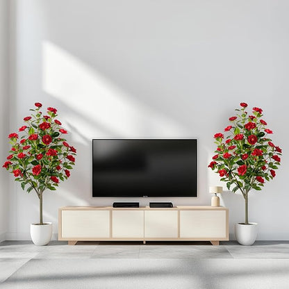 Artificial Camellia Tree 2 Pack, Artificial Plants Outdoor Faux Floral Plant in Cement Pot Fake Silk Camellia Tree Plants for Home House Living Room Office Decor