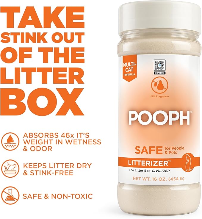 POOPH® LITTERIZER® – 16oz Bottle – Absorbs 46x Weight in Wetness & Odor – Keeps Litter Dry, Reduces Mess, Reduce Litter Costs AND Get a STINK-FREELitter Box – WITHOUT Fragrances or Harsh Chemicals-Mewly Pet