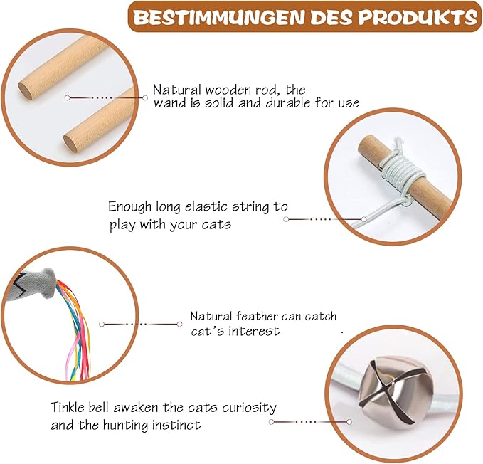 Natural Wood Cat Wand Toy with Ribbon Fish Teaser - 3pcs, 16 Inch, Indoor Cat Exerciser & Playing Kitten Toy, Bonus 5pcs Catnip Sticks for Teeth Cleaning-Mewly Pet