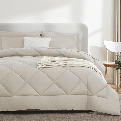 CozyLux Full Size Comforter Sets Beige - 7 Pieces Bed in a Bag Full, Luxury Soft Bed Set for All Seasons, Bedding Set with Down Alternative Comforter, Sheets, Pillowcases & Shams