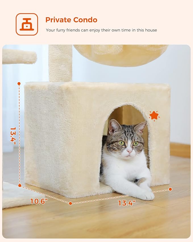 PEQULTI Small Cat Tree, [28.5''] Cat Tower for Indoor Cats, 2 Styles Activity Tree with Cat Scratching Posts, Big Hammock and Removable Top Perch Beige-Mewly Pet