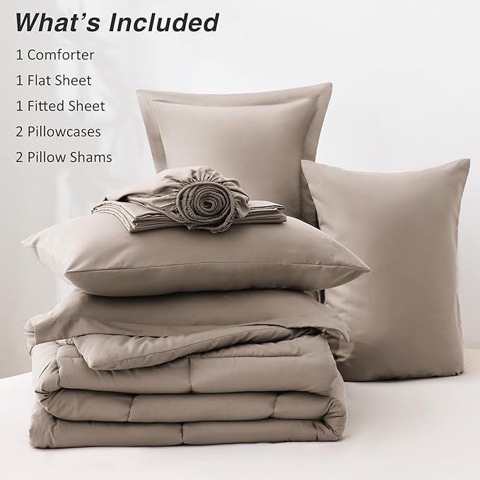 Love's cabin Queen Comforter Set Light Brown, 7 Pieces Queen Bed in a Bag, All Season Bedding Sets with 1 Comforter, 1 Flat Sheet, 1 Fitted Sheet, 2 Pillowcase and 2 Pillow Sham