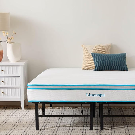 Linenspa 8” Memory Foam and Innerspring Hybrid Mattress + 14” Black Metal Platform Bedframe – Twin XL Mattress + Metal Folding Twin XL Bedframe