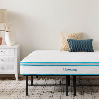 Linenspa 8” Memory Foam and Innerspring Hybrid Mattress + 14” Black Metal Platform Bedframe – Queen Mattress + Metal Folding Queen Bedframe