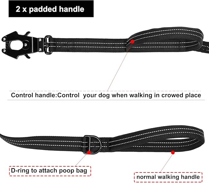 ICEFANG Tactical Dog Leash,K9 Training Walking Bungee Lead with 2 Control Handle,Heavy Duty Quick Release Metal Clasp,Hands Free D-Ring for Medium Large Dogs (4ft,Reflective Black)-Mewly Pet