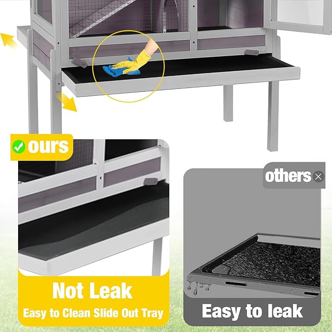 Aivituvin 2-Story Rabbit Hutch with Anti-Chew Ramp & Zinc Sheet - 36.6" Indoor Guinea Pig Cage, Wooden Stand, Pull-Out Tray & Leakproof Floor (Grey)-Mewly Pet