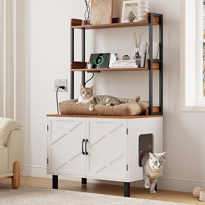 55 Inches Cat Litter Box Enclosure, Hidden Litter Box Furniture with 2 Storage Shelves and Charging Sockets, Wooden Cat House, Large Indoor Cabinet for Living Room & Entryway, White-Mewly Pet