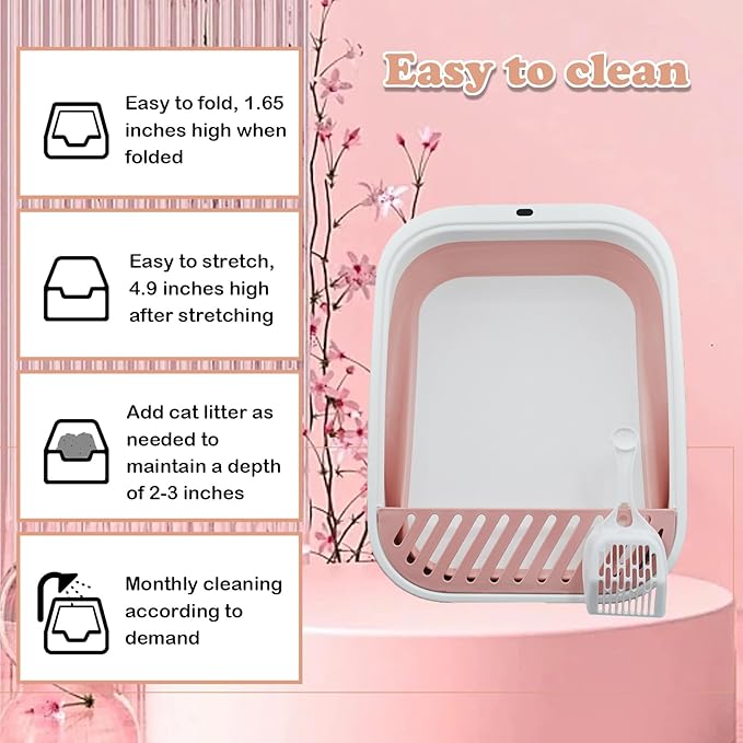 Foldable Cat Litter Box Open Potty Pan Portable Collapsible Cats Litter Boxs Travel Kitten Pan with Scoop Waterproof Low Entrance for Kitten and Easy Clean 17.7"×13.4"x4.9"(Pink)-Mewly Pet