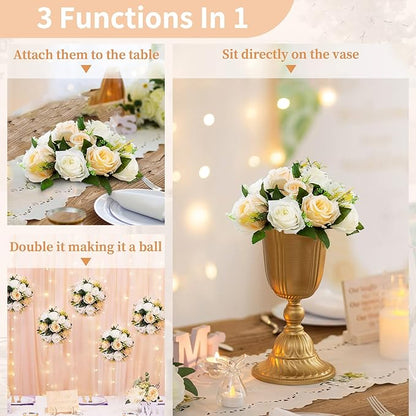 NUPTIO 6 Pieces Champagne White Fake Flower Ball Arrangement Bouquet 15 Heads Plastic Roses with Base, Suitable for Wedding Centerpiece Flower Rack for Parties Home Décor