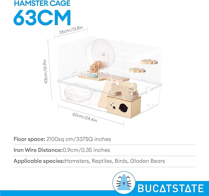 BUCATSTATE Hamster Cage 3-Level with Accessories, Includes Free Exercise Wheel, Water Bottle, Food Bowl & Hamster Hideout, Large Hamster Cage for Dwarf Hamster, Mice, Degus (24.4" L*13.7 "W*16.9" H)-Mewly Pet