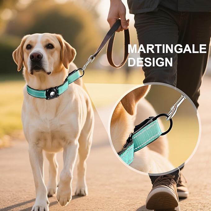 Airtag Dog Collar with Martingale Design, IP68 Waterproof Air Tag Collar Holder, Adjustable Reflective Soft Padded Nylon Dog Collar for Large Medium Small Dogs-Mewly Pet