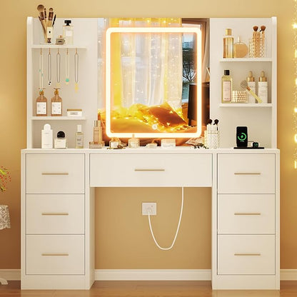 Quimoo Large Vanity Desk with LED Lighted Mirror & Power Outlet, Makeup Vanity Table with 7 Drawers,4 Shelves and 5 Hooks, White Vanity for Bedroom, Bathroom