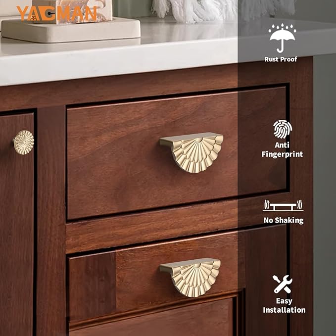 Champagne Bronze Cabinet Pulls 10 Pack 3 Inch Modern Drawer Handles Kitchen Cupboard Half Moon Bathroom Dresser Sunflower Cup Pull SH-CB76-10