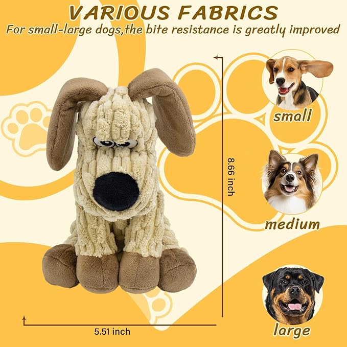 Squeaky Stuffed Dog Toys, Chew Toy for Large Medium Small Breeds, Plush Dog Toys to Keep Them Busy, Puppy Teething Dog Toy, Crinkle Dog Toy (Khaki Dog)-Mewly Pet