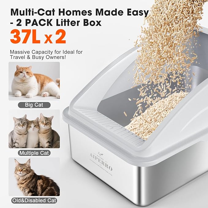 2 Pack Stainless Steel Litter Box | XL Enclosed Cat Litter Boxes with Lid for Big Cats and Multi-Cats | High Sided, Anti-Urine Leakage | Non-Stick Bottom（Silver Gray）-Mewly Pet
