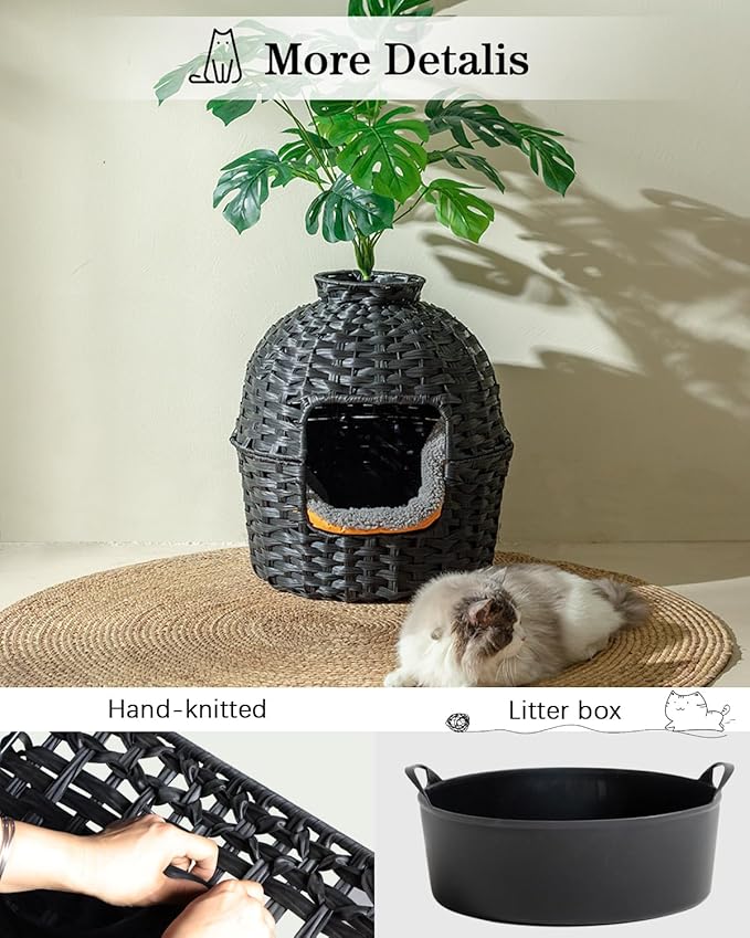Cat Litter Box Plant Furniture Enclosure, Hidden Handwoven Rattan with Cat Litter Box and Artificial Plants, Odor Control Filter, Real Stones in Living Room, Bedroom, Corner (Black)-Mewly Pet
