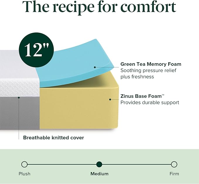 ZINUS 12 Inch Green Tea Essential Memory Foam Mattress [New Version], King, Fiberglass Free, Medium Feel, Breathable Airflow Memory Foam, Certified Safe Foams & Fabric, Mattress in A Box
