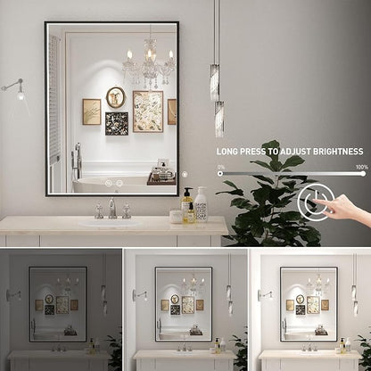 36x28 Inch LED Bathroom Mirror with Light,Black Metal Frame Lighted Vanity Anti Fog Dimmable Touch Switch
