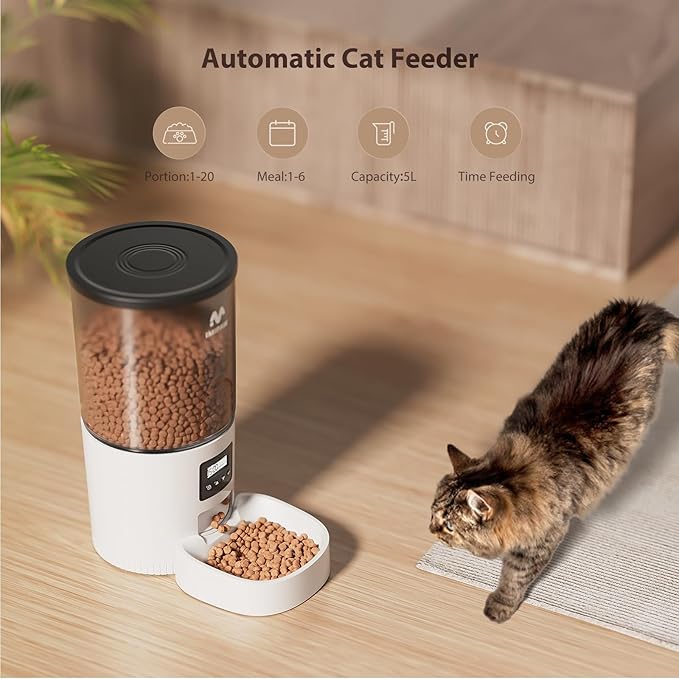 Automatic Cat Feeders, 5L Large Capacity, Timed Feeding Dry Food, Dual Power Design, Programmable Portion Size, 1-6 Meals Per Day, with Desiccant Packet, Suitable for Small Pets Food Dispenser-Mewly Pet