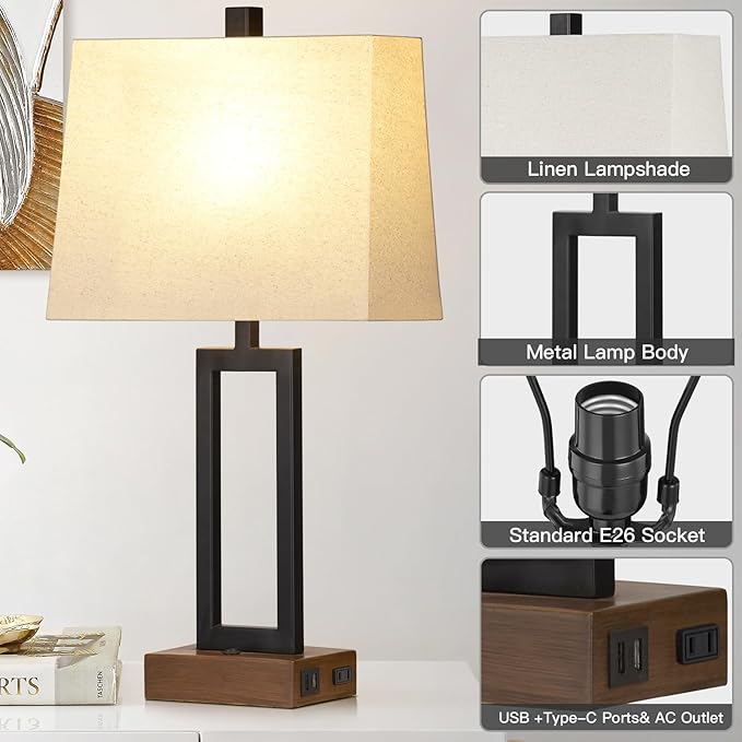 23.5" Table Lamps Set of 2, Modern Black Bedside Lamps with 2 USB Ports & AC Outlet, Contemporary Nightstand Lamps with Wood Base for Bedroom Living Room(LED Bulb Included)