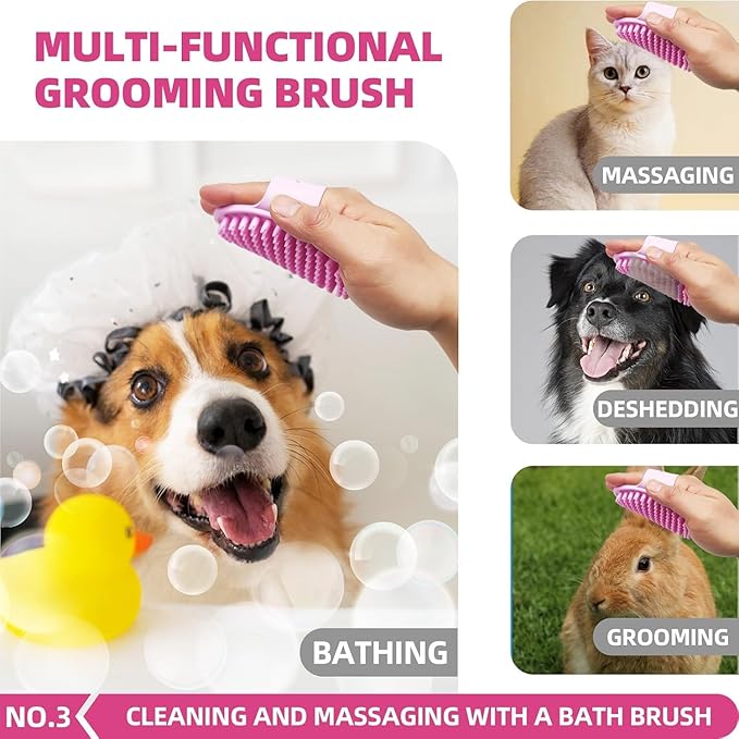 Bath Grooming Kit for Pets - Hair Brush Set with Towel, Washing Gloves, and Shampoo Scrubber Brush for Dogs and Cats (Pink)-Mewly Pet