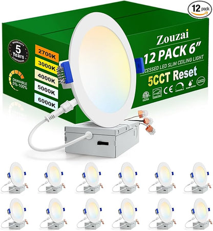 zouzai 12 Pack 6 Inch 6000k/5000k/4000k/3000k/2700k 5CCT Selectable Ultra-Thin LED Recessed Ceiling Light with Junction Box,12W Eqv 110W,Dimmable, led can Lights- ETL and Energy Star Certified