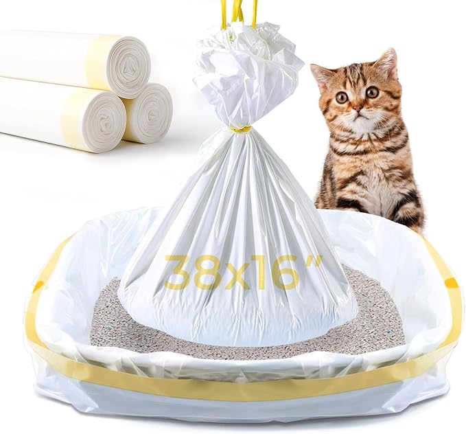 KONE Cat Litter Box Liners, 30 Count Jumbo Extra Durable Large Drawstring Kitty Litter Pan Bags Cat Waste Litter Bags Pet Cat Supplies 36" x 18"-Mewly Pet