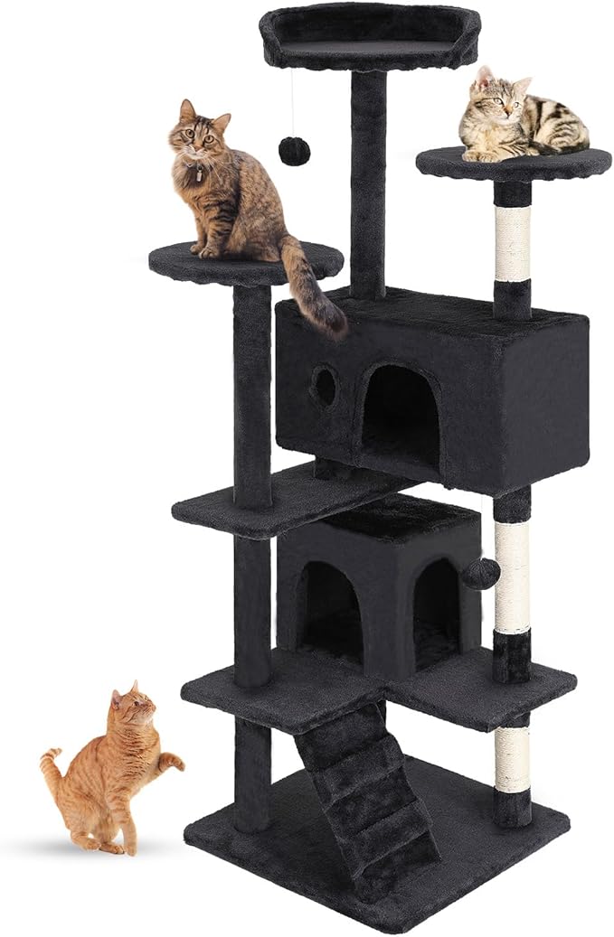 FDW Cat Tree 54in Cat Tower Multi-Level Durable Cat Scratching Post & Cozy Fun Cat Jumping Platform Space Saving Cat Condo Pet Play House for Indoor Cats,Dark Gray-Mewly Pet