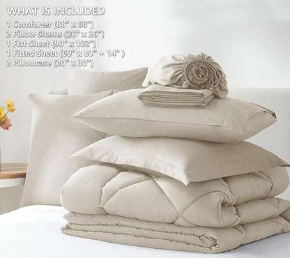 CozyLux Queen Comforter Set Oatmeal - Bed in a Bag Queen Size 7 Pieces, Luxury Soft Bed Set for All Seasons, Bedding Set with Down Alternative Comforter, Sheets, Pillowcases & Shams
