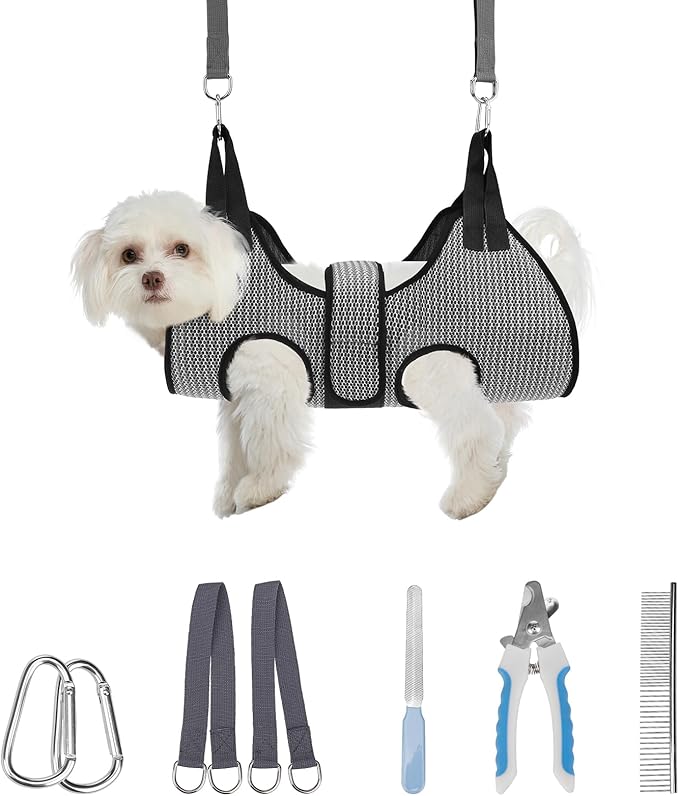 PAWCHIE Dog Grooming Hammock Harness for Dogs & Cats with Pet Nail Clipper Trimmer- Breathable Cat Hanger Sling for Trimming Clipping Nails-Dog Hammock Restraint Bag for Small Medium Large Dog,Grey XS-Mewly Pet