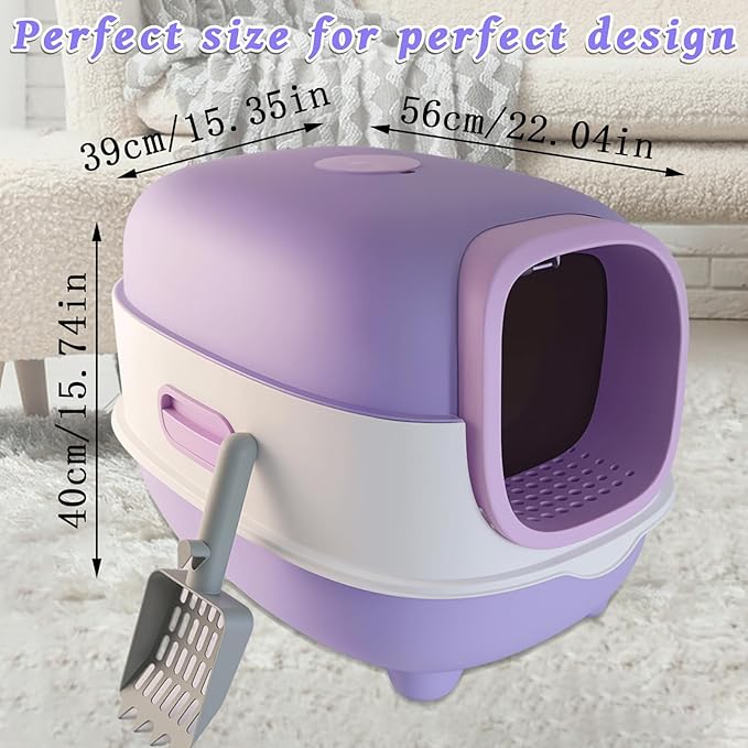 Large Cat Litter Box with Cat Litter Scoop, Foldable Litter Box with Lid, Front Entry and Exit Leak-Proof Litter Cat Box, Odor Control, Easy to Clean (Purple)-Mewly Pet