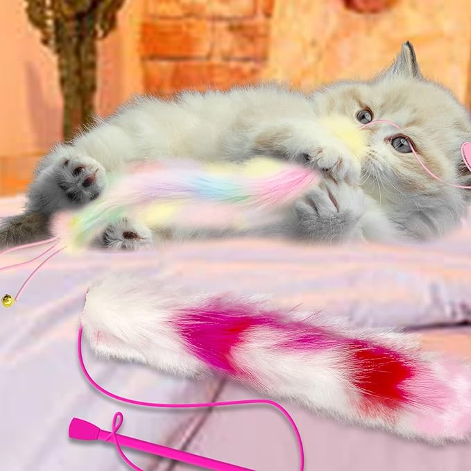 2 Pack Cat Wand Toy, Rainbow Cat Feather Toys with Bells, Teaser Wand with Soft Furry Tail, Interactive Toys for Indoor Cats & Kitten & Kitty-Mewly Pet