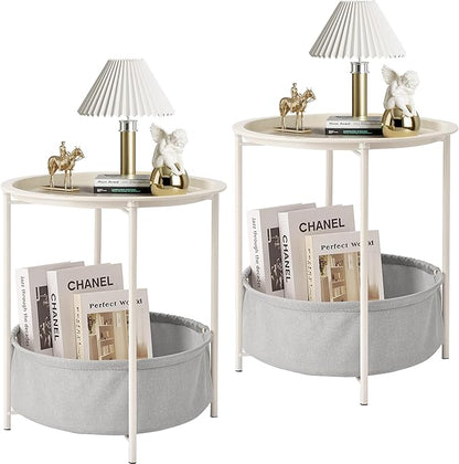 VECELO Round Side/End Table with Fabric Storage Basket，Metal Anti-Rust and Waterproof Small Bedside Nightstand with Removable Tray Top for Living Room，Balcony & Laundry，Beige/2pcs with Basket